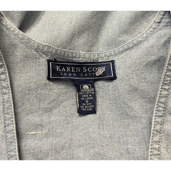 Small Light Blue Denim Button Down Jumper Dress Sleeveless V Neck Karen Scott - Picture 5 of 5